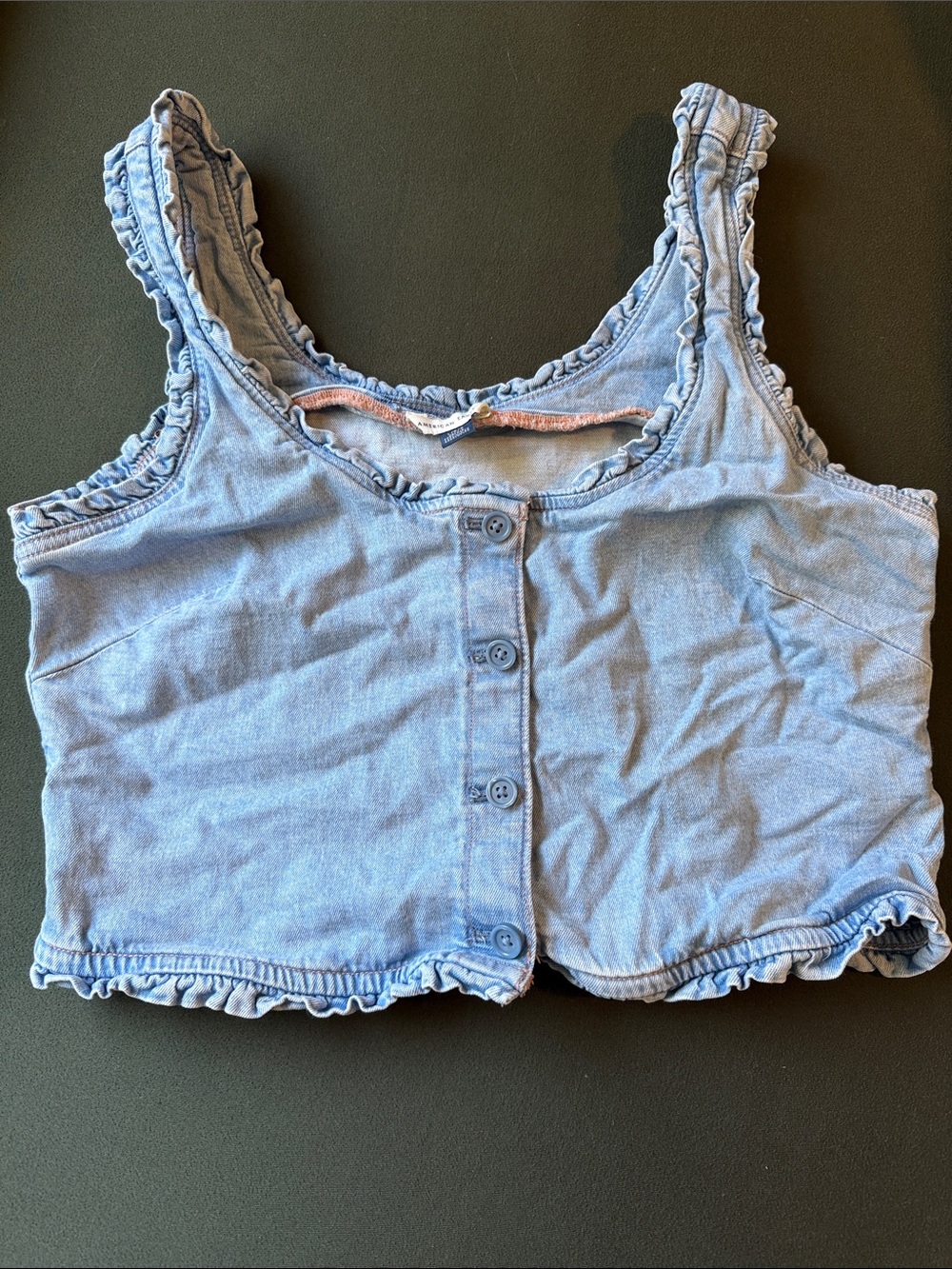 American Eagle Outfitters Light Blue Ruffle-Trim Button Crop Tank